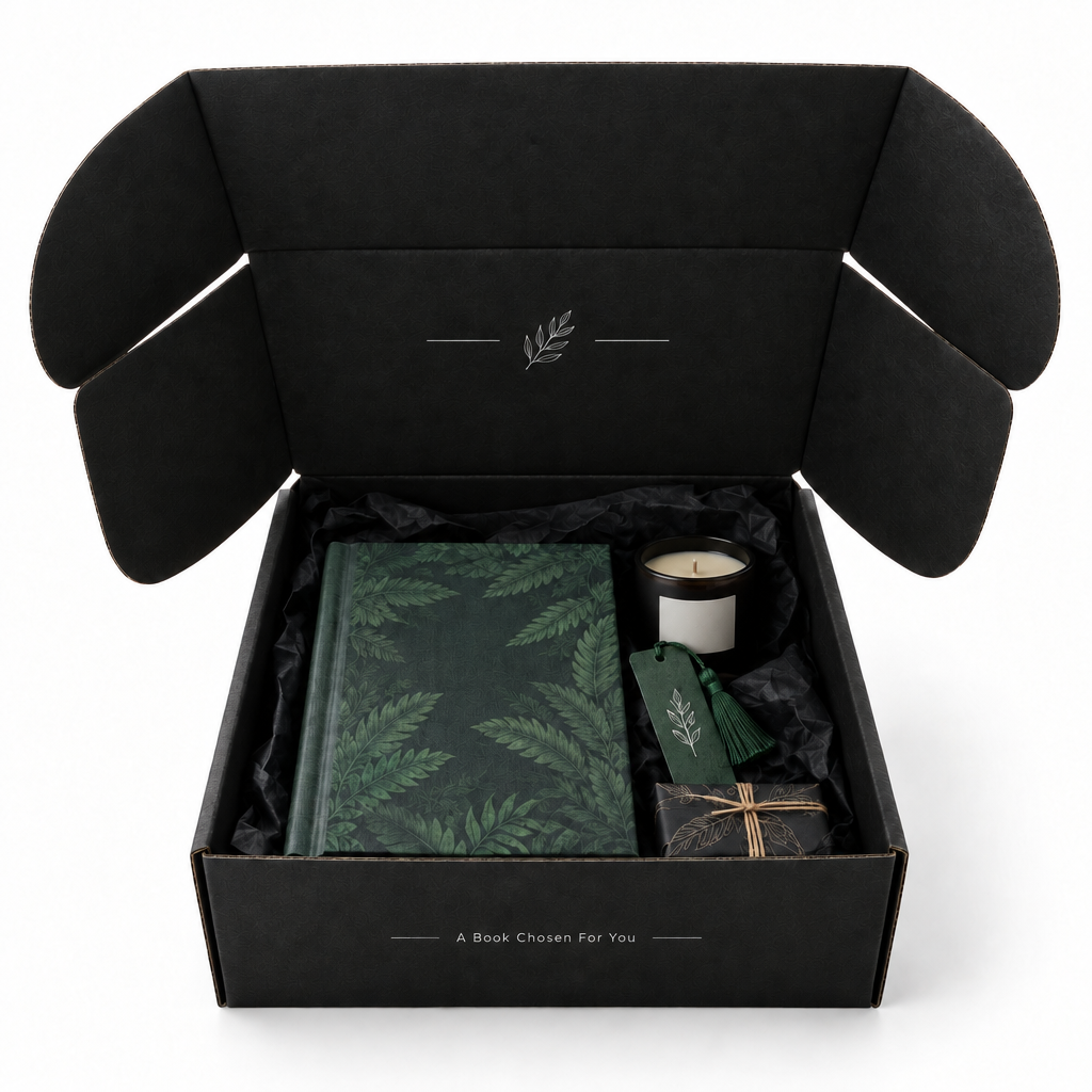 Open black Discovery Reads book subscription box with books and a candle on a white background